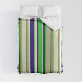 [ Thumbnail: Midnight Blue, Lime Green, Tan & Beige Colored Stripes/Lines Pattern Duvet Cover ]