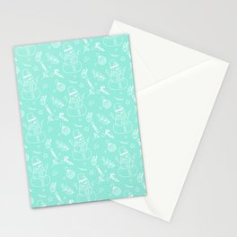 Seafoam and White Christmas Snowman Doodle Pattern Stationery Card