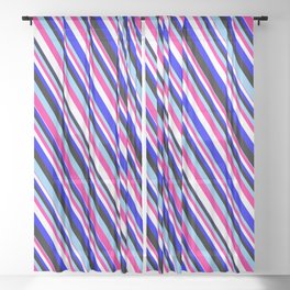 [ Thumbnail: Eyecatching Light Sky Blue, Deep Pink, White, Blue & Black Colored Lines Pattern Sheer Curtain ]