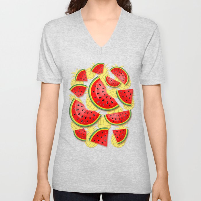 Watermelon and Pineapple Juicy Pattern V Neck T Shirt