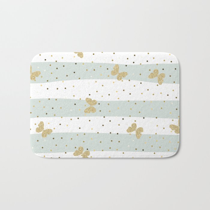 Butterfly Christmas pattern on Pastel Blue and White Stripes Bath Mat