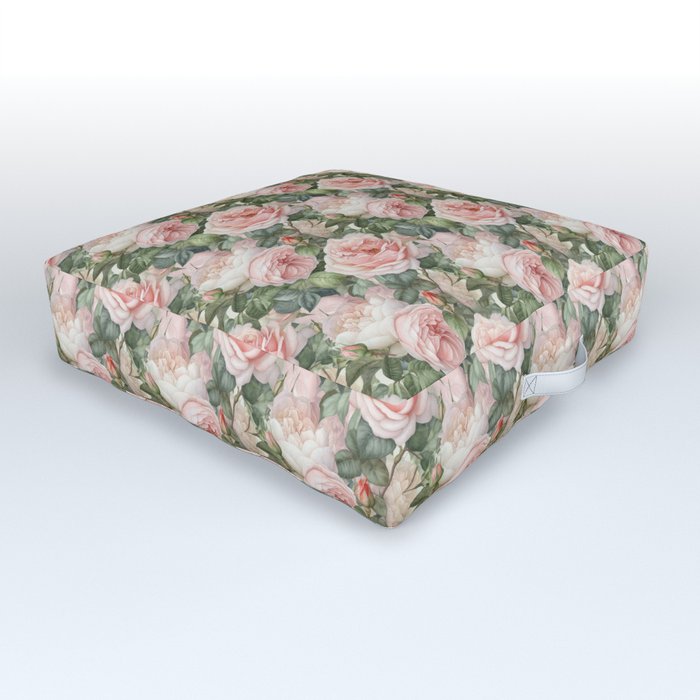 Rosy Blooms: Pink Roses in the Green Garden Outdoor Floor Cushion