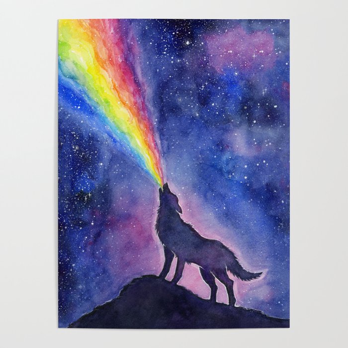 Galaxy Wolf Howling Rainbow Poster