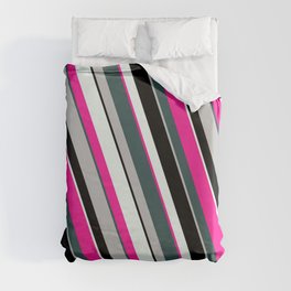 [ Thumbnail: Deep Pink, Dark Slate Gray, Grey, Black, and Mint Cream Colored Lined Pattern Duvet Cover ]