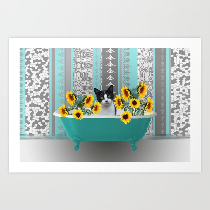 Bathtub with black and white cat - sunflower Art Print