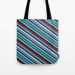 [ Thumbnail: Light Sky Blue, Dark Cyan & Maroon Colored Lined Pattern Tote Bag ]