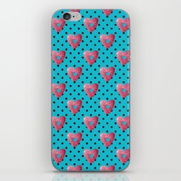 Pink plaid watercolor heart shaped donuts with polka dots on blue background iPhone Skin