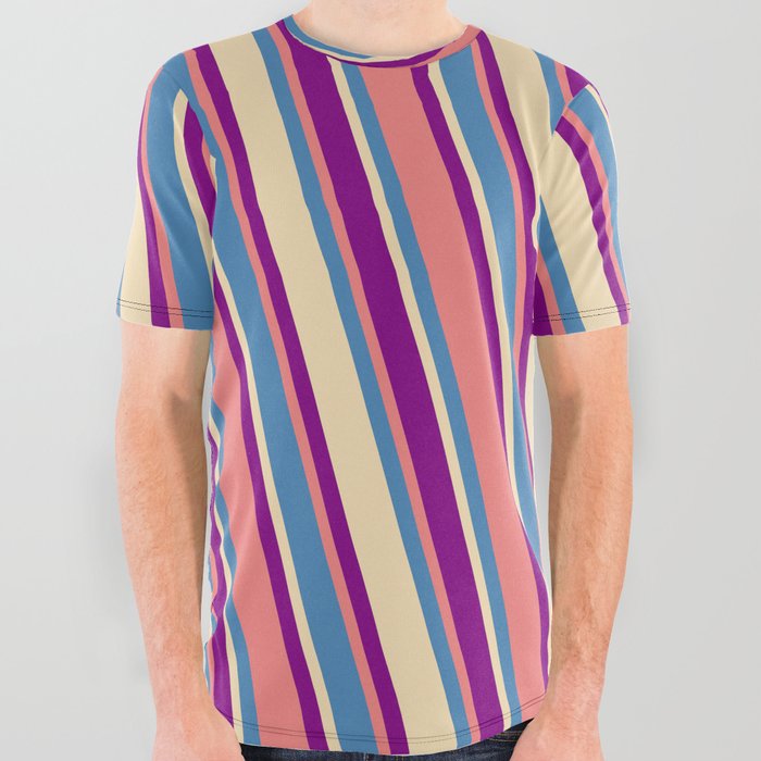 Blue, Tan, Purple & Light Coral Colored Pattern of Stripes All Over Graphic Tee