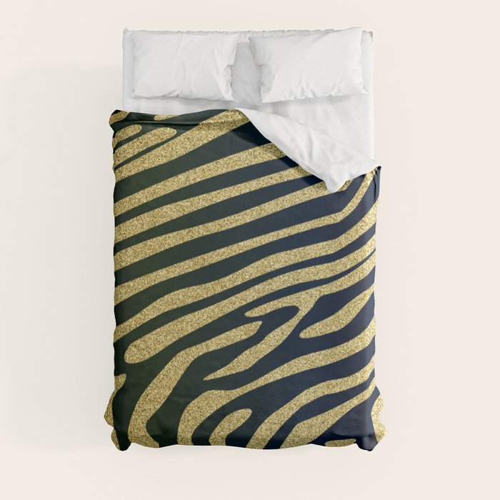 Black ZebraSkin Stripes On Gold Glitter Duvet Cover by iZiets Society6