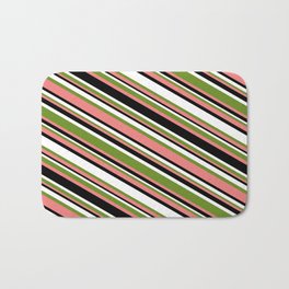 [ Thumbnail: Green, Light Coral, Black & White Colored Lined/Striped Pattern Bath Mat ]
