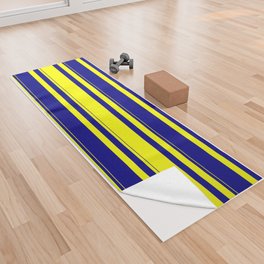 [ Thumbnail: Yellow & Blue Colored Lined/Striped Pattern Yoga Towel ]