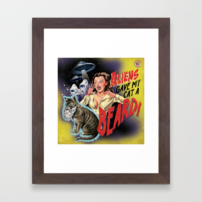 Aliens Gave My Cat A Beard Yellow Framed Art Print By