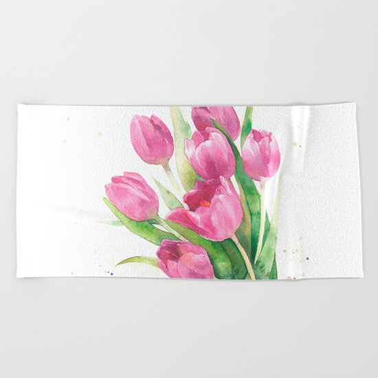 Watercolor bouquet of pink tulips Beach Towel