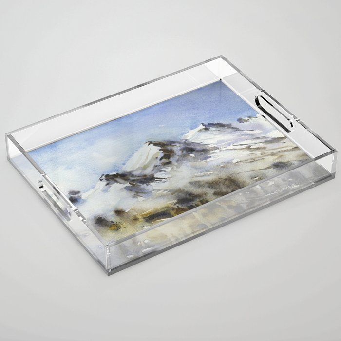 Snowy mountain watercolor landscape.  Fine art painting landscape artwork mountains snowy decor. Acrylic Tray