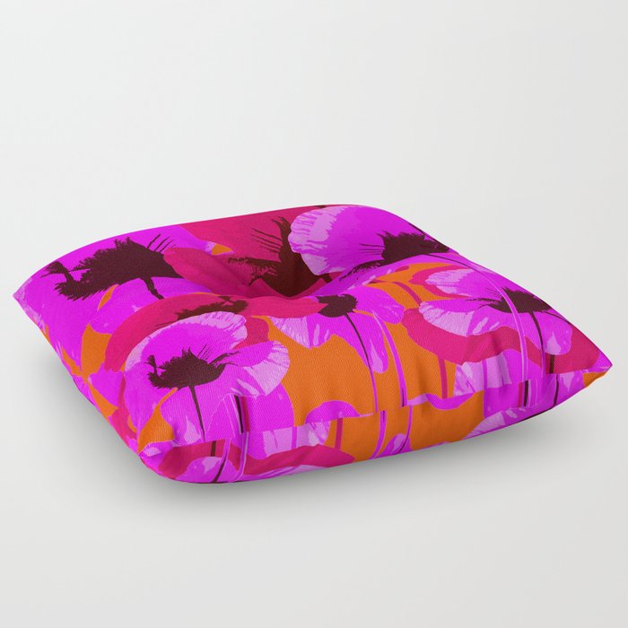 Pink And Red Poppies On A Orange Background - Summer Juicy Color Palette Retro Mood #decor #society6 Floor Pillow