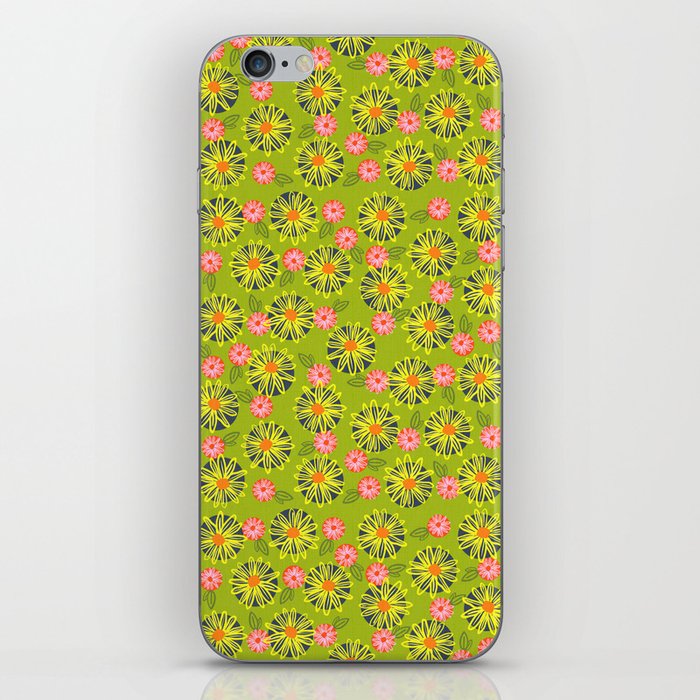 Retro Modern Mini Inked Wildflowers On Green iPhone Skin