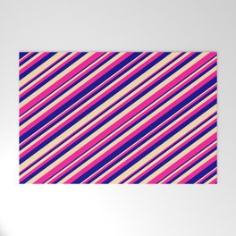 [ Thumbnail: Deep Pink, Dark Blue & Beige Colored Lined Pattern Welcome Mat ]