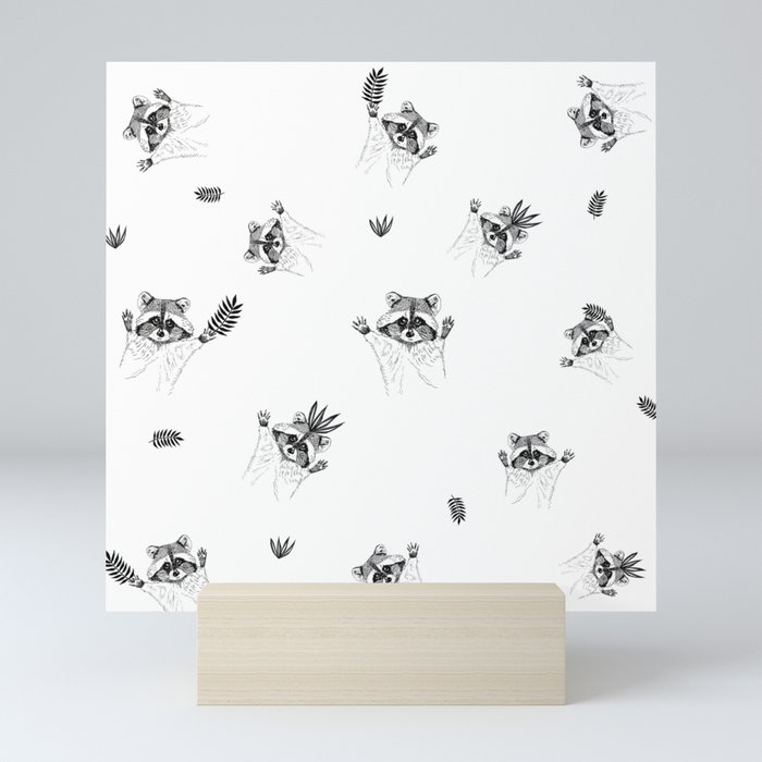 Playful Raccoons Black and White Mini Art Print
