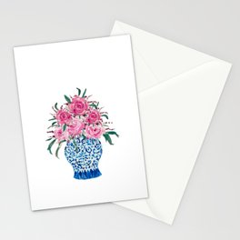 Single Blue Ginger Jar Hot Pink Roses  Stationery Card