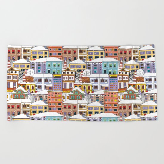 Winter town pattern Beach Towel