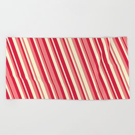 [ Thumbnail: Crimson, Light Coral & Light Yellow Colored Lines Pattern Beach Towel ]