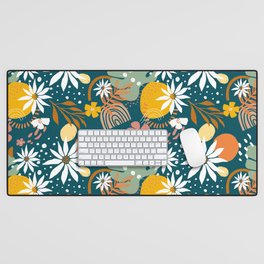 Camomile and monstera emerald green floral pattern Desk Mat