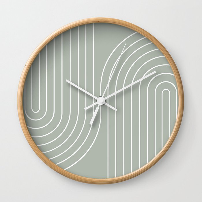 Minimal Line Curvature LXXXIX Pastel Sage Green Mid Century Modern Arch Abstract Wall Clock