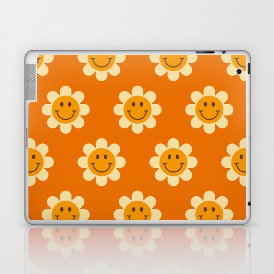 Retro Smiley Floral Face Pattern in Orange, Yellow & Brown Laptop & iPad Skin