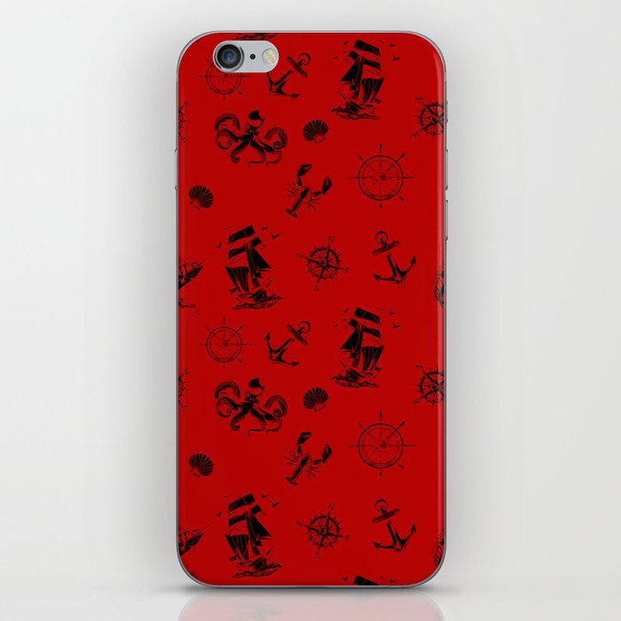 Red And Black Silhouettes Of Vintage Nautical Pattern iPhone Skin