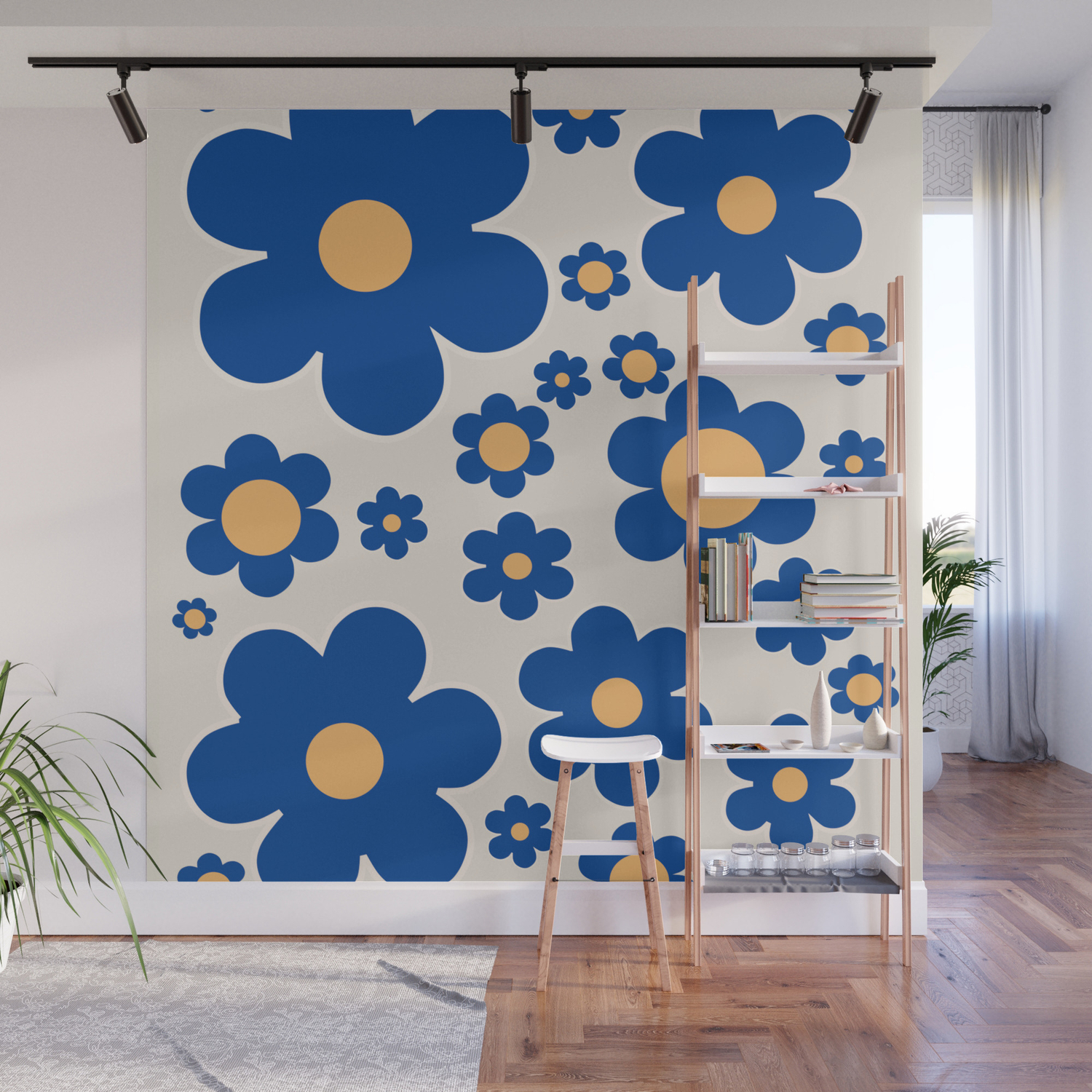 Flower Market Athens Blue Yellow Flowers Floral Art Retro Flower Pattern  Mid Century Modern Decor Wall Mural by Daily Regina Designs | Society6