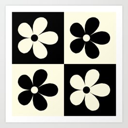 Black & Beige - Floral Checkerboard Art Print
