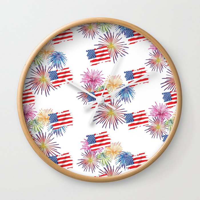 American Fourth of July New Years Celebration USA Flag Fireworks Pattern Wall Clock