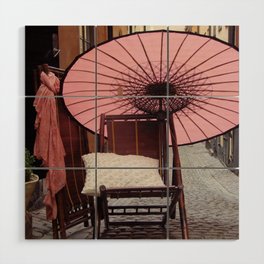 China Photography - Wooden Chair Under A Pink Umbrella In The Street Wood Wall Art