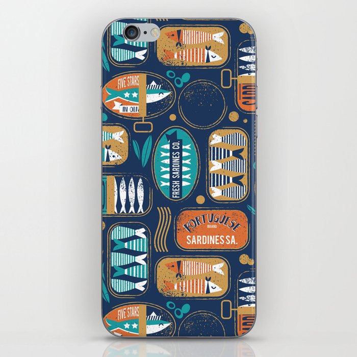Vintage canned sardines // navy blue background peacock teal and gold drop orange cans  iPhone Skin