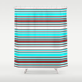 [ Thumbnail: Cyan, White, and Brown Colored Lines/Stripes Pattern Shower Curtain ]