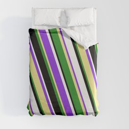 [ Thumbnail: Purple, Tan, Forest Green, Black, and White Colored Lined/Striped Pattern Duvet Cover ]