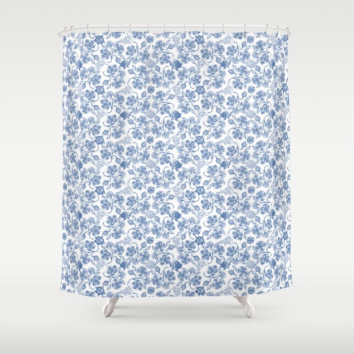 Pretty Indigo Blue and White Ethnic Floral Print Shower Curtain