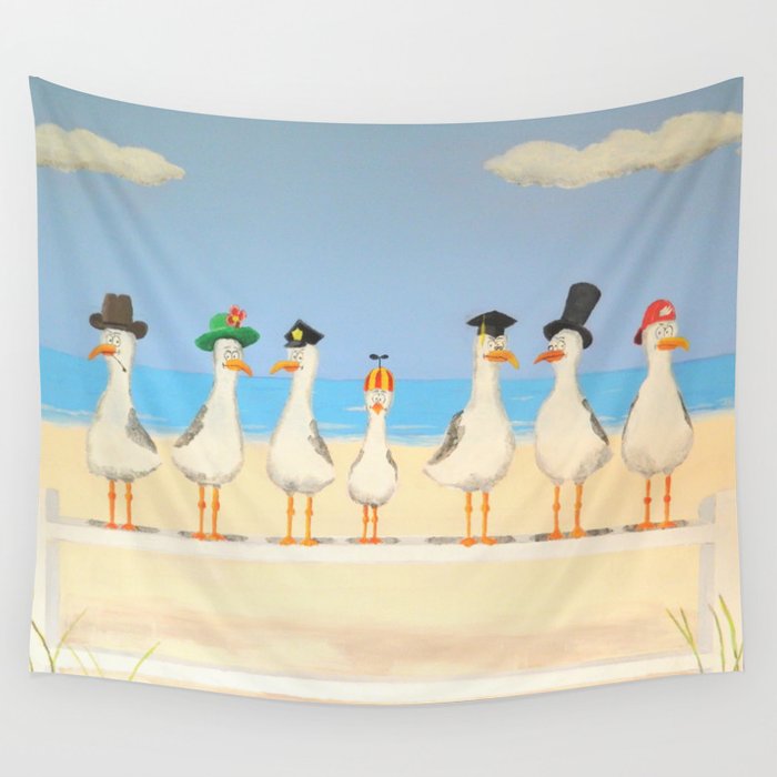 Seagulls with Hats Wall Tapestry