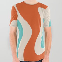 Retro Liquid Swirl Abstract Pattern Square in Mid Century Modern Burnt Orange, Teal Blue, Mustard Yellow, and Beige All Over Graphic Tee