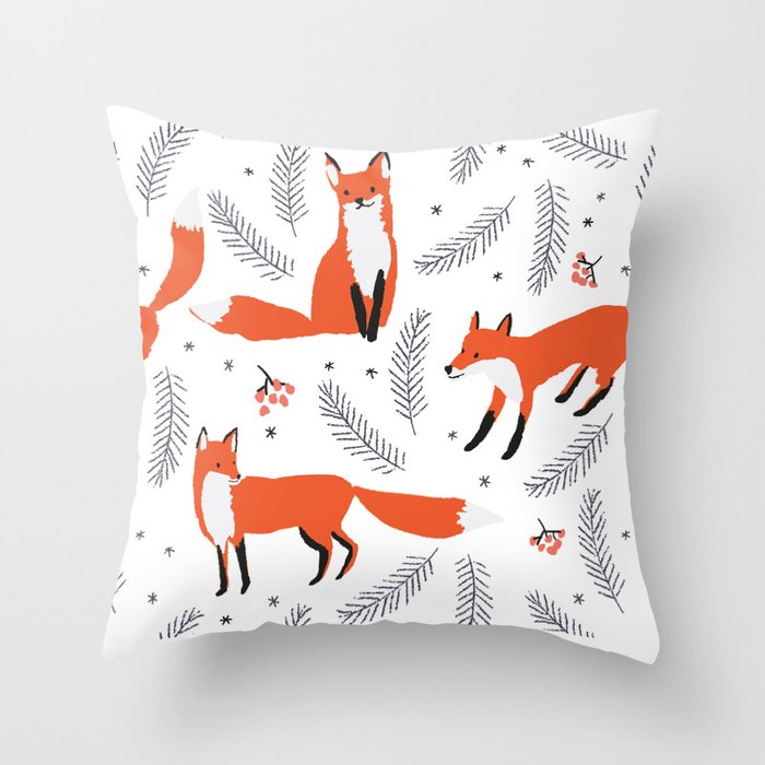 Red foxes and berries in the winter forest Throw Pillow