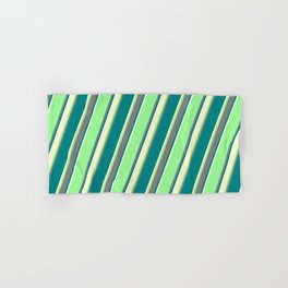 [ Thumbnail: Green, Grey, Teal & Light Yellow Colored Striped Pattern Hand & Bath Towel ]