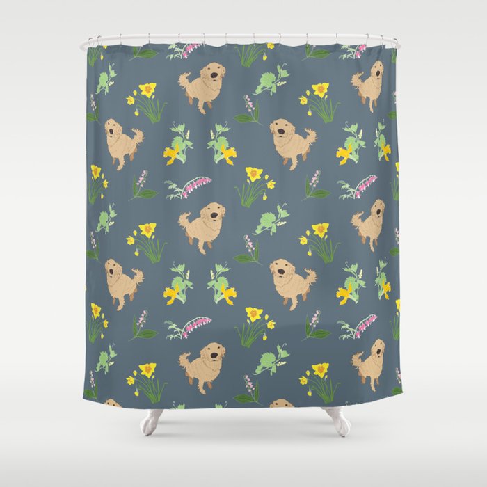 Golden Retriever and Spring Flowers Pattern Print Shower Curtain