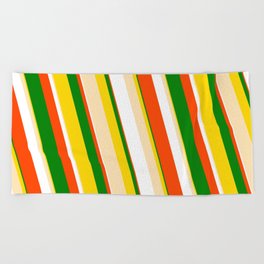 [ Thumbnail: Eye-catching Yellow, Beige, White, Red & Green Colored Pattern of Stripes Beach Towel ]