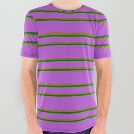 [ Thumbnail: Orchid, Green & Dark Green Colored Pattern of Stripes All Over Graphic Tee ]