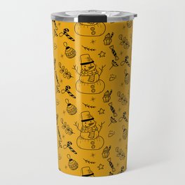 Mustard and Black Christmas Snowman Doodle Pattern Travel Mug