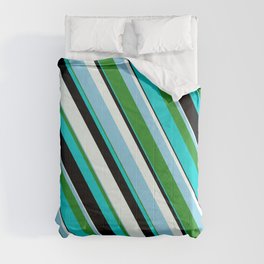 [ Thumbnail: Eye-catching Mint Cream, Sky Blue, Forest Green, Dark Turquoise & Black Colored Pattern of Stripes Comforter ]