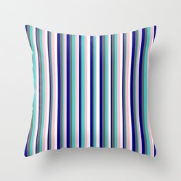 [ Thumbnail: Eye-catching Dark Blue, Dim Gray, Turquoise, Pink, and White Colored Lined/Striped Pattern Throw Pillow ]