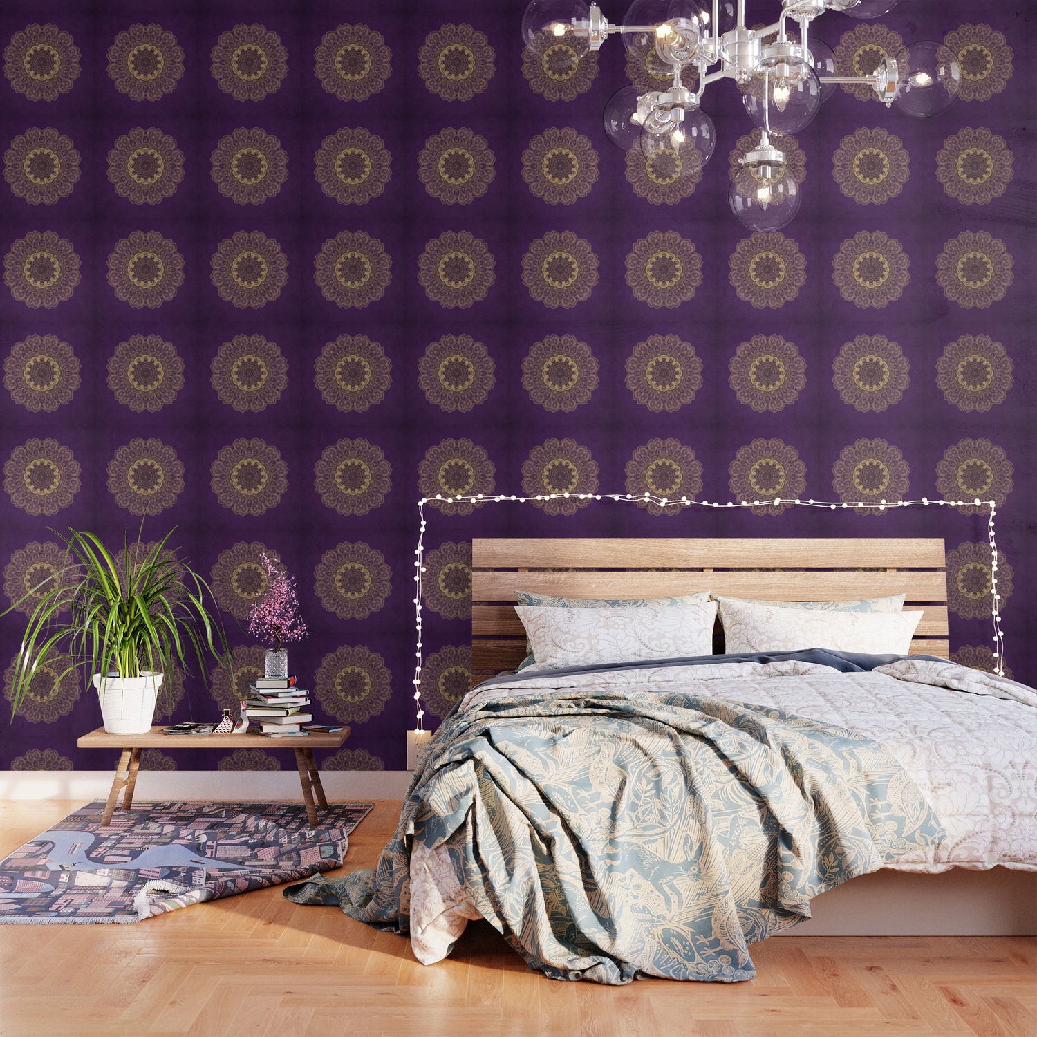 Golden Flower Mandala on Textured Purple Background Wallpaper by Lena Photo  Art | Society6