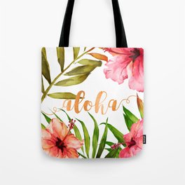 Aloha Watercolor Tropical Hawaiian leaves and flowers Tote Bag