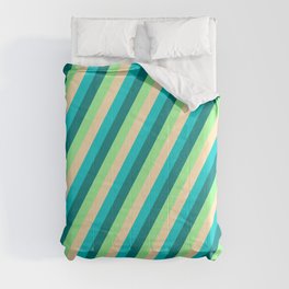 [ Thumbnail: Teal, Green, Beige, and Dark Turquoise Colored Striped/Lined Pattern Comforter ]
